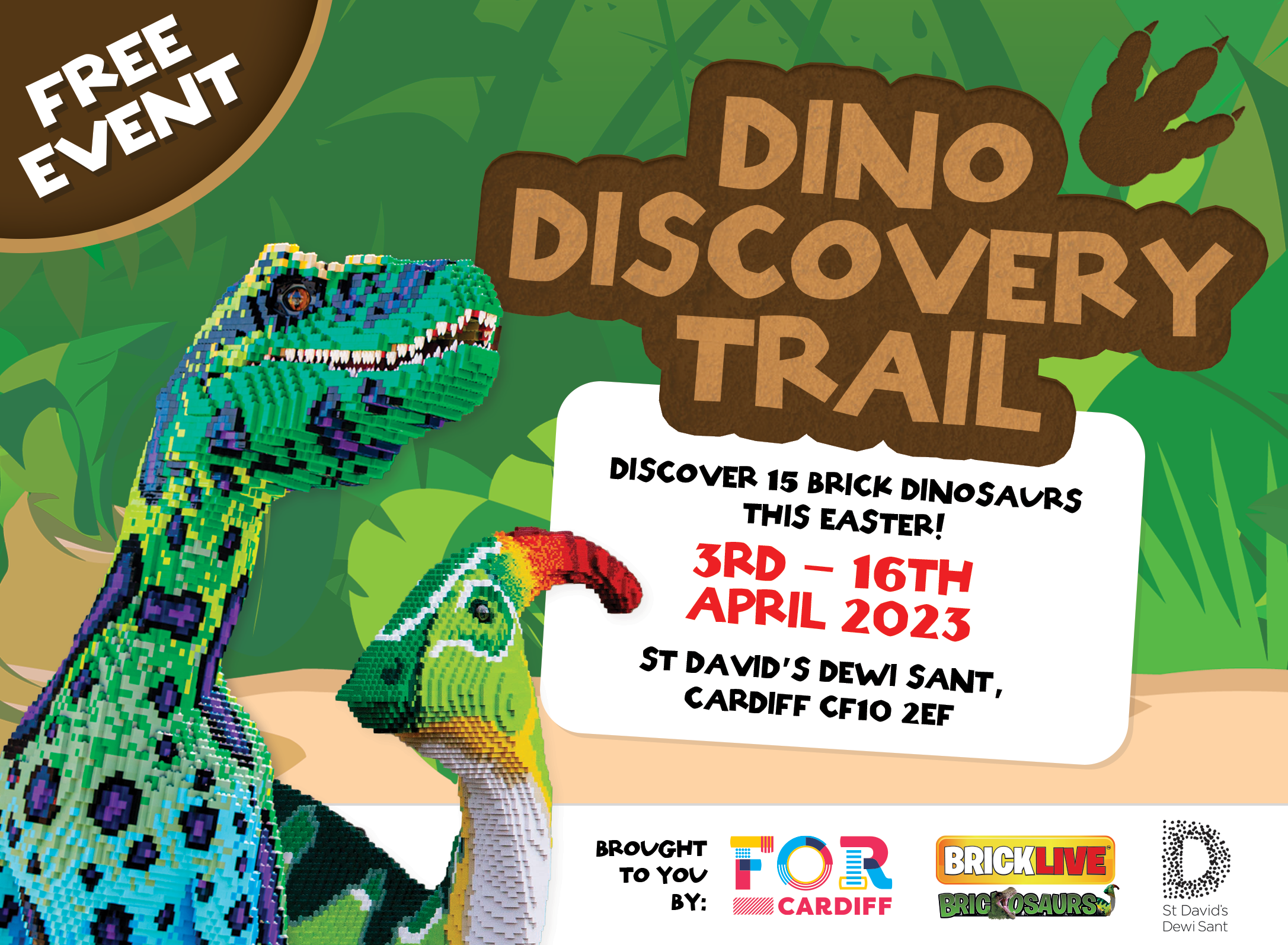 dino discovery trail cardiff 3rd-16th April St Davids Dewi Sant Free Event - picture of two dinosaurs made from colourful bricks