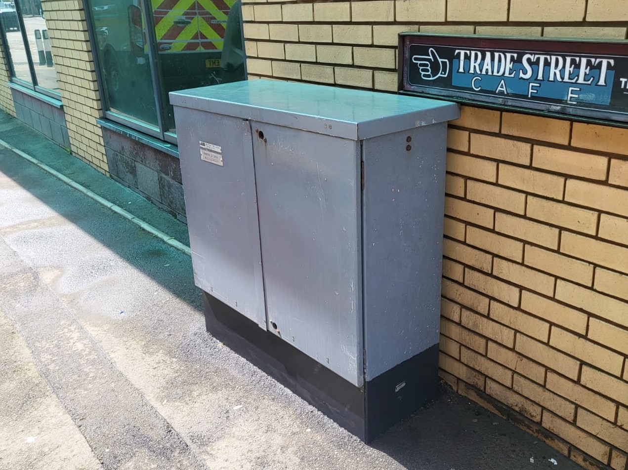 Electricity box grey after FOR Cardiff