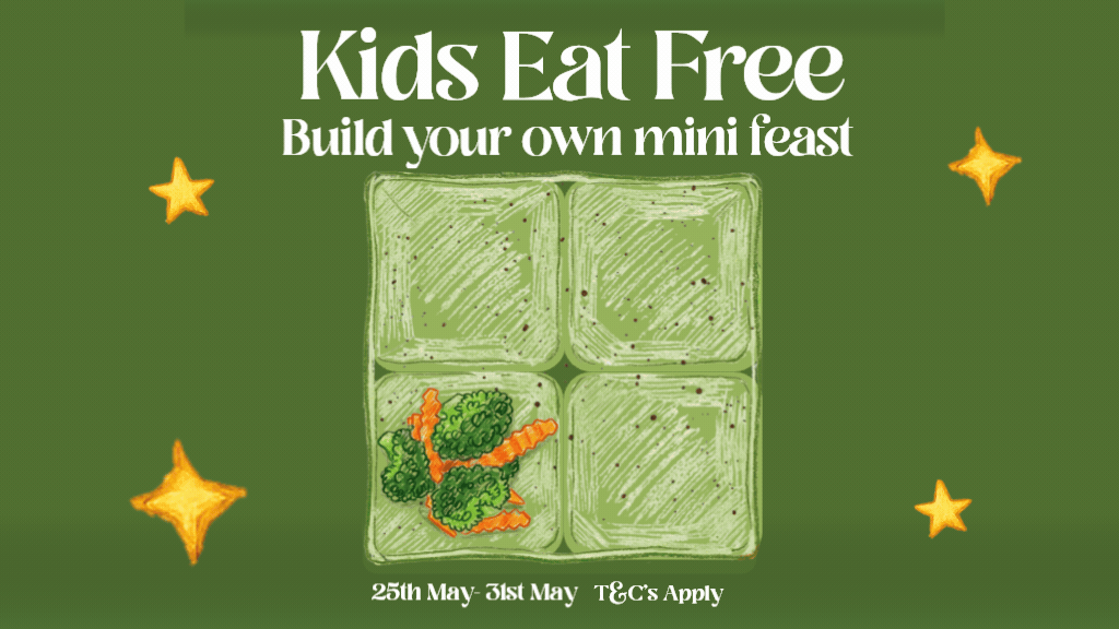 Kids Eat Free graphic showing four compartments with different food options appearing and disappearing with the caption 'Build your own mini feast'