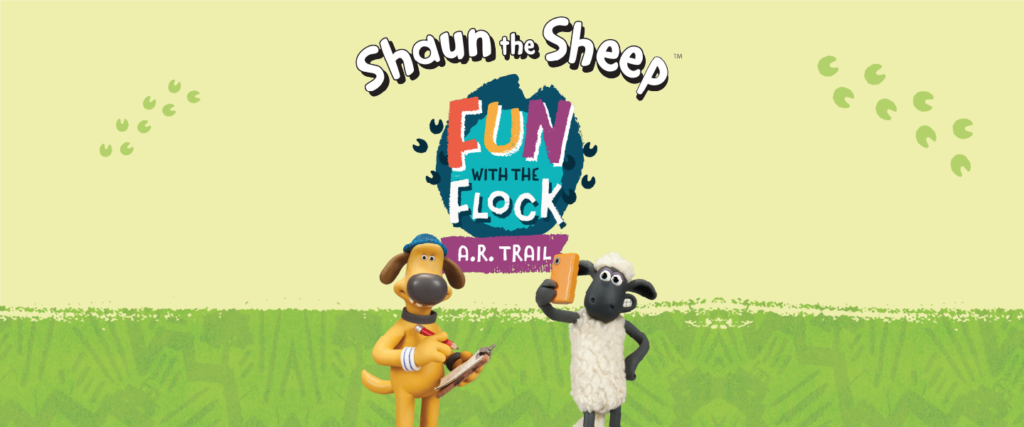 A green background with two characters from Shaun the Sheep with 'Fun with the Flock A.R Trail' written in the middle
