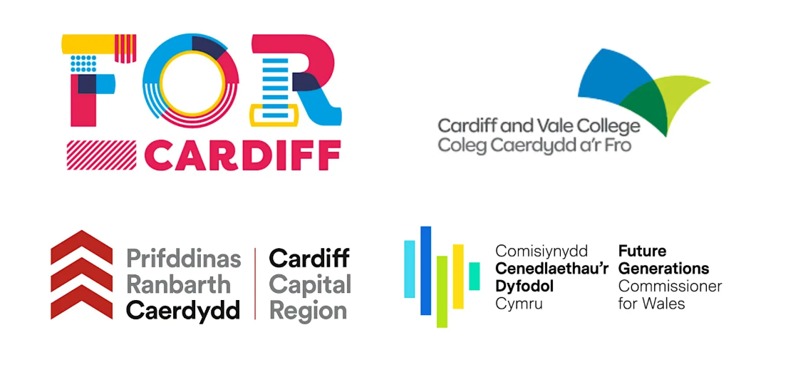 Logos of FOR Cardiff, Cardiff and Vale College, Cardiff Capital Region and the Future Generations Commissioner for Wales