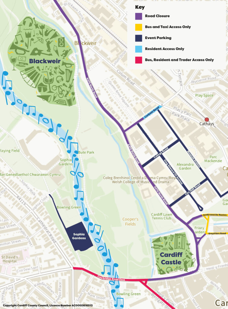 A detailed map of Cardiff City Centre showing the road closures, bus and taxi access, event parking, resident access and trader access routes. 