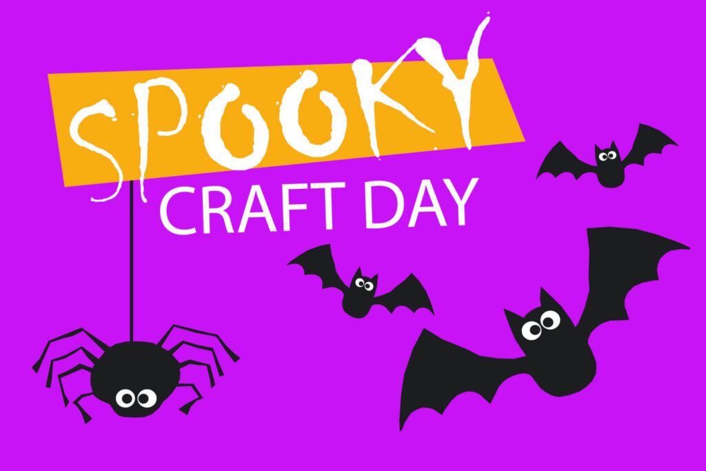purple background with illustrations of three bats and a spider with the words 'spooky craft day'