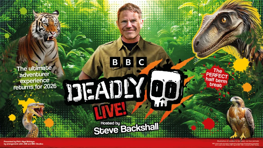Poster with a man surrounded by jungle leaves, a tiger, hawk, dinosaur and snake